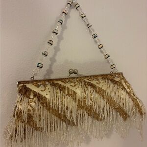 Apt. 9 Gold and Cream Beaded Fringe Clutch